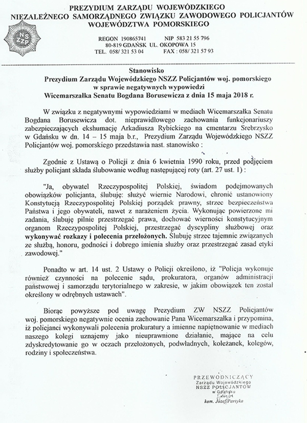 Stanowisko Prezydium ZW NSZZ Policjantów woj. pomorskiego